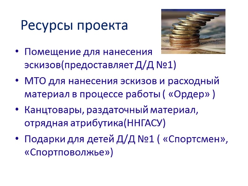 Ресурсы проекта  Помещение для нанесения эскизов(предоставляет Д/Д №1) МТО для нанесения эскизов и